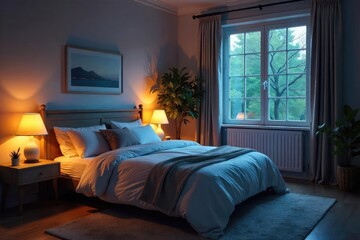 A softly lit bedroom, inviting and peaceful, ready for a relaxing night's rest The scene exudes calm and tranquility, perfect for a restful sleep , peaceful, pillows, tranquil