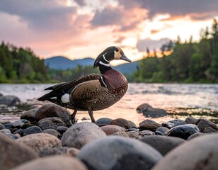 A duck stands on river rocks at sunset