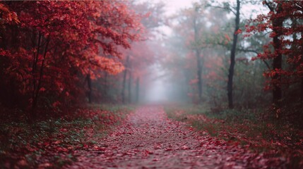 A serene path through a misty forest with vibrant red leaves, capturing the essence of fall's natural beauty.