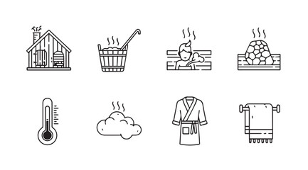 Collection of sauna icons and elements in a simple silhouette style