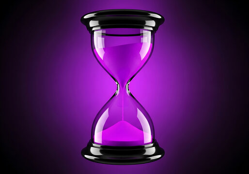 Hourglass with purple sand against a dark purple background, symbolizing time, deadlines, and the passage of time in a visually striking and elegant manner
