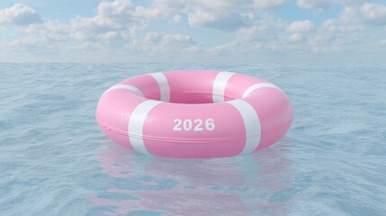 Floating pink lifebuoy etched 2026 amidst serene waves, summoning future voyages and whimsical International Lifeguard Appreciation Day