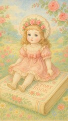 Fototapeta premium Vintage doll on storybook illustration.