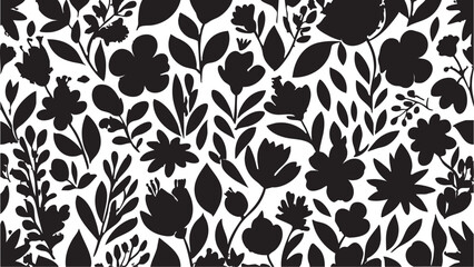 Black and white floral pattern vector: seamless flower and leaf design eps silhouette