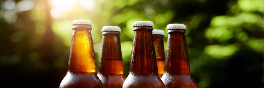 Sunlit amber bottles glisten in verdant bliss, evoking Oktoberfest nostalgia and midsummer solstice revelry, perfect for ale aficionados