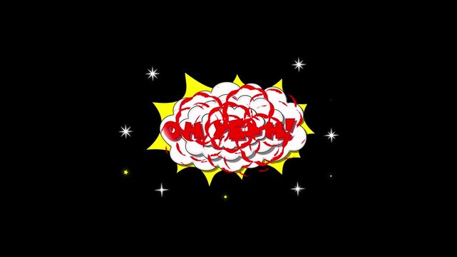 Oh yeah! Comic text animation in dynamic, colorful, retro pop art design with star twinkle, cartoon, smoke fx, fireworks display, bold pop art effect on black screen background. 4K