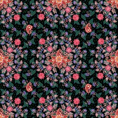 Delightful seamless pattern with flowers, leaves, berries and paisley on a dark plant background. Ethnic motifs. Beautiful illustration.