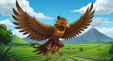 Obraz premium Mythical bird flying over rice fields