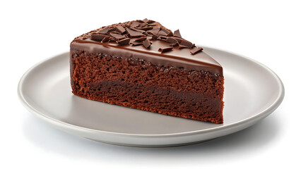 Rich Chocolate Cake Slice with Ganache and Shavings on Gray Plate