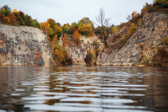 Zakrz&oacute;wek Quarry, Krakow. Floating swimming pool. Cloudy autumn day