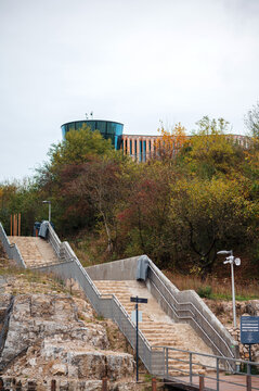 Zakrz&oacute;wek Quarry, Krakow. Floating swimming pool. Cloudy autumn day