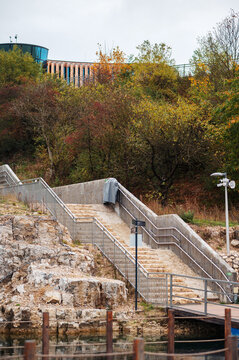 Zakrz&oacute;wek Quarry, Krakow. Floating swimming pool. Cloudy autumn day