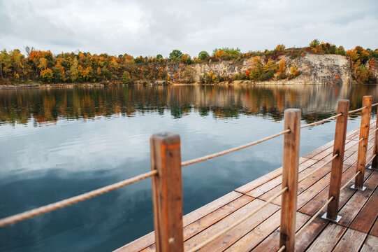 Zakrz&oacute;wek Quarry, Krakow. Floating swimming pool. Cloudy autumn day