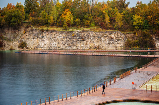 Zakrz&oacute;wek Quarry, Krakow. Floating swimming pool. Cloudy autumn day