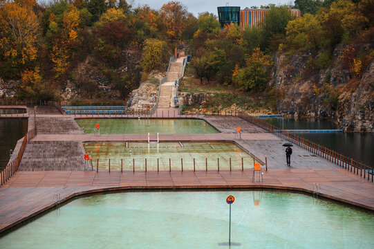 Zakrz&oacute;wek Quarry, Krakow. Floating swimming pool. Cloudy autumn day