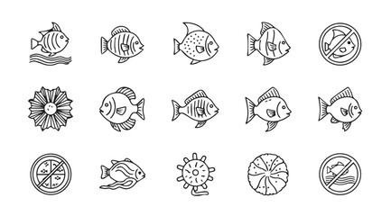 Collection of stylized fish and nautical symbols in a simple line art silhouette