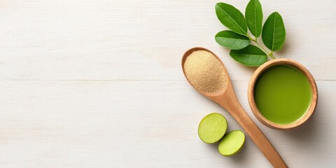 Monk Fruit Sugar in Wooden Spoon with Matcha and Fresh Fruit on Light Background, Clean Eating Sweetener Concept