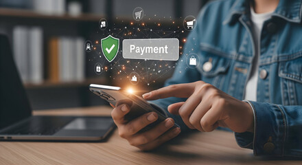 Secure online payment processing with mobile phone, digital transactions concept