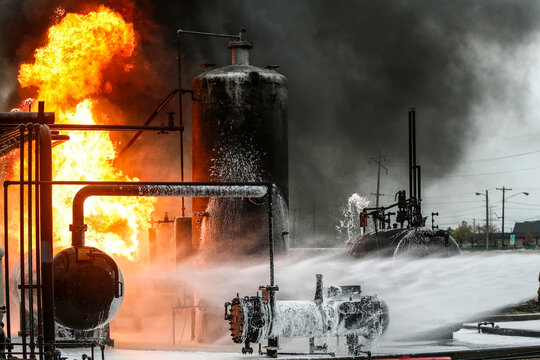 Firefighters practice in a refinery