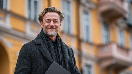 Man stands outside building in Europe holding his laptop computer smiling warmly at the camera during daytime