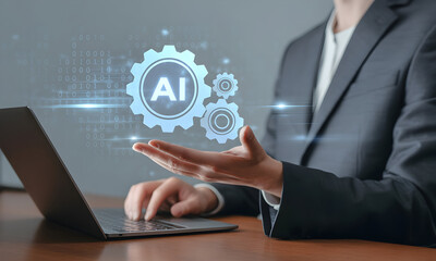Business professional using AI technology with gears and laptop in modern office