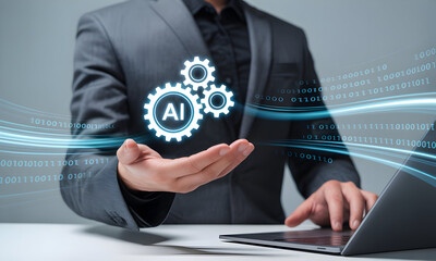 AI innovation concept: Businessman presenting digital technology solutions on laptop