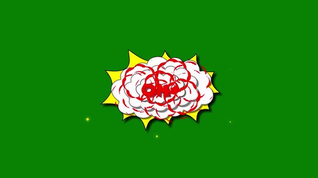 Oh! Comic text animation in dynamic, colorful, retro pop art design with twinkle effect, animated cartoon smoke, shiny fireworks display, and bold pop art effect on a green screen background. 4K