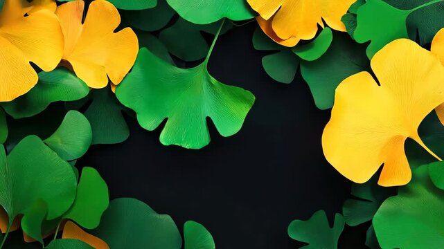 A stunning close-up of vibrant green and yellow leaves arranged artistically on a dark background, showcasing the beauty and intricate patterns found in nature.