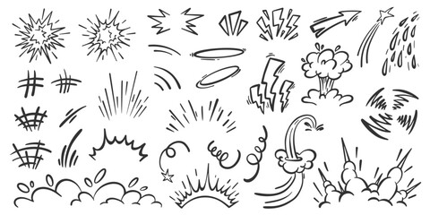 Comic effects. Cartoon speed lines elements. Hand-drawn vector motion graphic. Anime and manga sketch marks. Action explosive bubbles splashes and cute shapes.