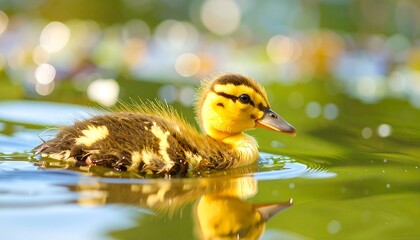 A duckling swimming in a sunny pond