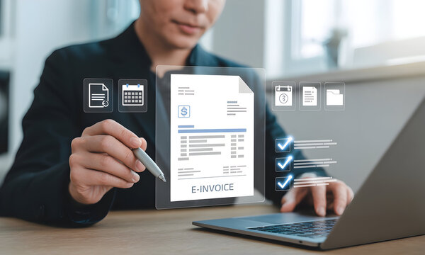Business professional using e-invoice on laptop, digital payment technology concept - Powered by Adobe