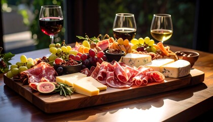 Gourmet charcuterie board with wine