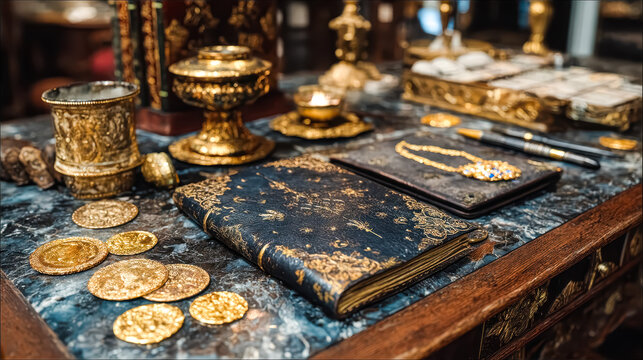 Antique Books and Vintage Coins on Collector Wooden Table