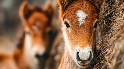 Adorable Foal Looking Close-Up in Stable with Hay