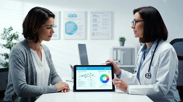 A health expert discusses a patient s health report using colorful charts on a tablet, emphasizing personalized care in a bright, contemporary office environment.