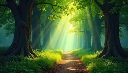 A sun-dappled forest path winds through ancient trees, sunlight filtering through leaves, creating a magical, mysterious atmosphere Perfect for fantasy, adventure, or nature themes , light, soil