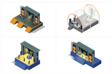 illustration set of isometric music stages, white background suitable for picture book assets, games and related assets