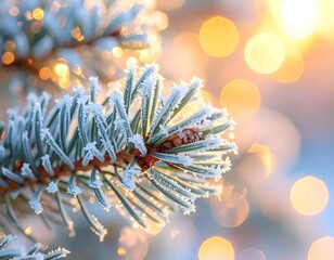 Frosty Pine Branch with Bokeh Lights