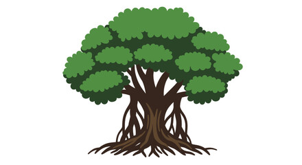 Majestic banyan tree with lush green canopy and exposed roots symbolizing growth