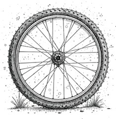 Vector illustration of vector art of a detailed sketch of a bicycle wheel with a knobby tire and spokes, resting on the ground with grass