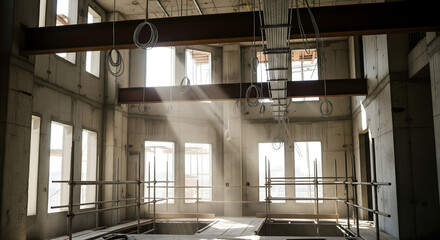 Fototapeta premium Concrete Building Under Construction with Sunbeams Shining Through Windows