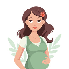 Cute pregnant woman with long hair with her hands on her belly