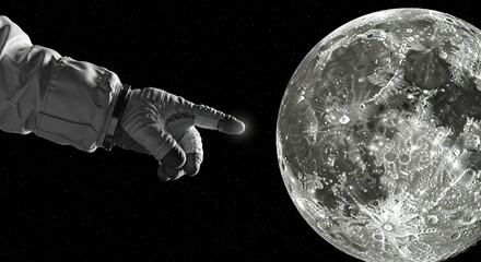Astronaut hand pointing toward moon in dark starry night sky. Space exploration and cosmic discovery concept. Future of lunar missions.