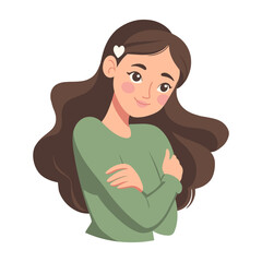 Self love concept. Cute girl with long hair hugging herself.  Illustration.