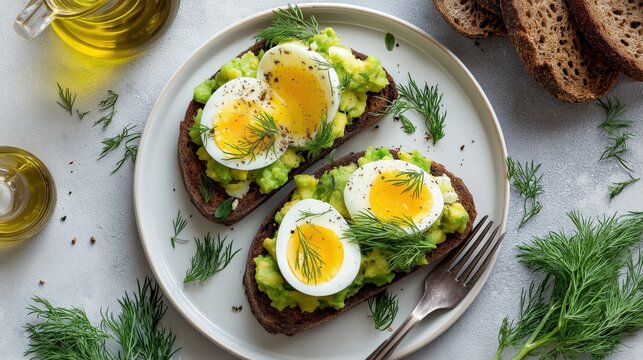 A delicious plate of avocado toast topped with boiled eggs and fresh dill, served with olive oil on the side. - Powered by Adobe