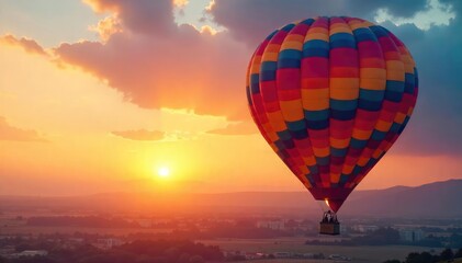 Fototapeta premium A vibrant, colorful hot air balloon soaring freely against a breathtaking sunset sky, embodying the spirit of liberation and adventure , inspiration, air, landscape
