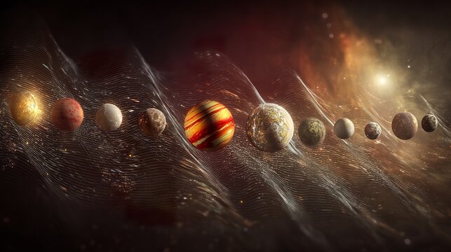 Celestial bodies linked by harmonic resonance lines, dancing in space with a fading phantom planet