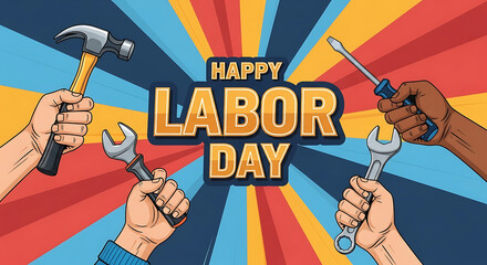 A festive labor day illustration featuring hands holding tools against a vibrant, radial background, celebrating workers and their contributions to society