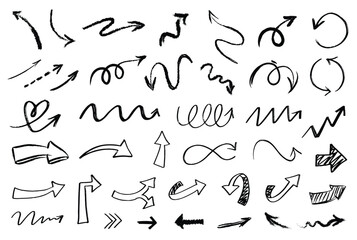 Hand drawn arrows set - curved and straight lines, zigzags, spirals and wavy lines... Doodles with markers, pencils, chalk. Black sketch arrow vector pack isolated on white background.