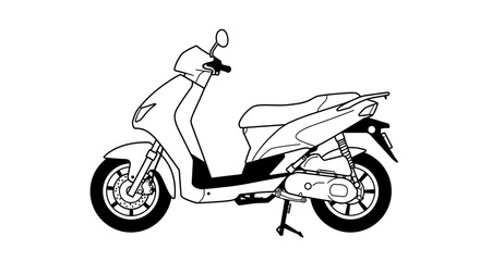 A minimalist line art design of a modern scooter, showcasing its sleek silhouette and functional components